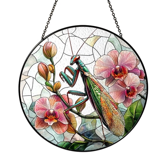 Stained Glass Orchid Flower Mantis Suncatcher Window Hanging, Botanical Insect Sun Catcher for Window Decor