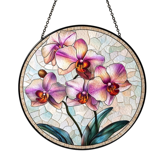 Stained Glass Orchid Round Suncatcher Window Hanging Art Panel for Home Decor Beautiful Botanical Display