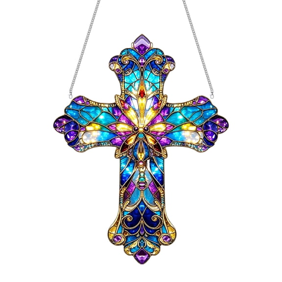 Stained Glass Ornate Cross Acrylic Suncatcher Home Decor