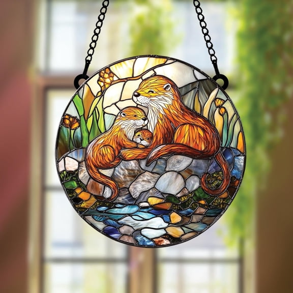 Stained Glass Otter Family Window Hanging, Faux Stained Glass Otter Suncatcher, Gift for Nature Lovers Animal Lover, Wildlife Decor for Home