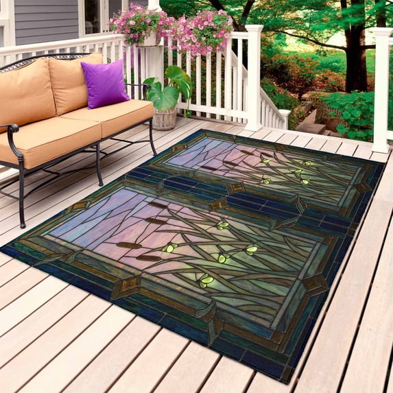 Stained Glass Outdoor Rug 3x5 Ft, Non Slip Washable Area Rug, Vintage Abstract Botanical Plant Patio Rugs Carpet Runner, Large Floor Mat for Indoor/Outdoor Deck Porch Camping
