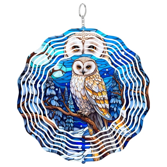 Stained Glass Owl 3D Wind Spinner Stainless Steel Hanging Outdoor Yard Garden Decor
