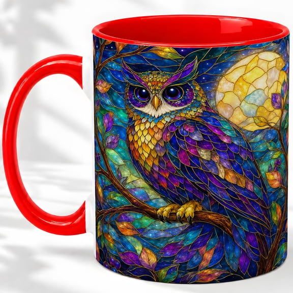 Stained Glass Owl Accent Mug, 11oz Ceramic Coffee Cup for Bird Lovers