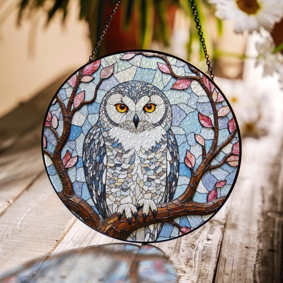 Stained Glass Owl Tree Branch Suncatcher, Window Hanging Bird Decor, 3.5 in