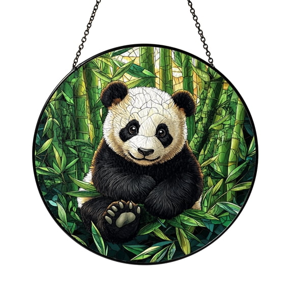 Stained Glass Panda Art – Playful Bamboo Scene, Charming Wildlife Window Panel for Home or Nursery Decor