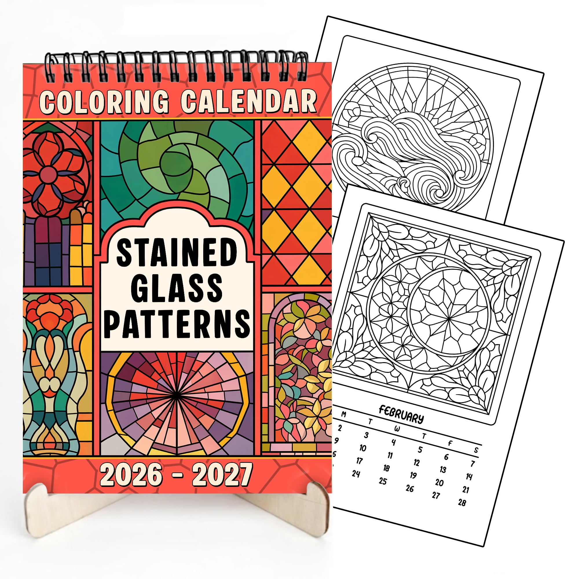 Stained Glass Patterns Coloring Desk Calendar 2026–2027, A5 Wooden Cover Planner with 26 Easy Coloring Pages for Adult Relaxation, 24 Month Desktop Calendar with Stand, Gift for Family & Friends