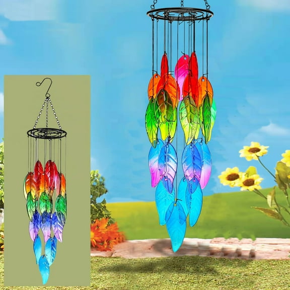 Stained Glass Leaves or Peacock Feathers Wind Chimes for Outside Decor, Unique Rainbow Leaves Feather Windchimes Indoor Outdoor Decoration, Durable glass hanging for Patio Porch garden