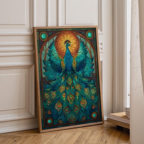 Stained Glass Peacock Teal Gold Poster Unframed Paper Print
