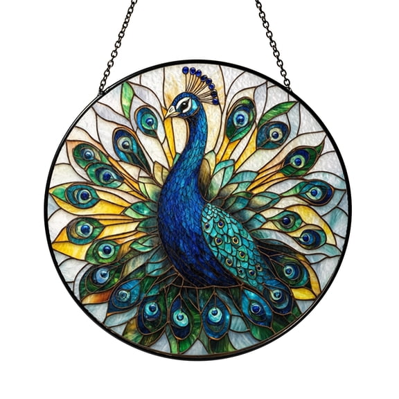 Stained Glass Peacock Window Hanging, Vibrant Feather Motif, Decorative Panel for Home or Office, Elegant Nature Inspired Accent