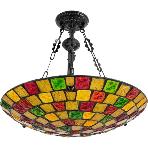Stained Glass Pendant Light,19.7in 5 Lights Antique Style Hanging Lamp Adjustable Height Inverted Ceiling Pendant,for Living Room Kitchen Entryway Foyer