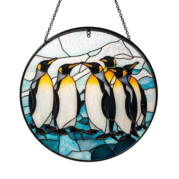 Stained Glass Penguins on Ice Panel, Window Hanging Sun Catcher, Colorful Winter Home Accent, Perfect Gift for Moms