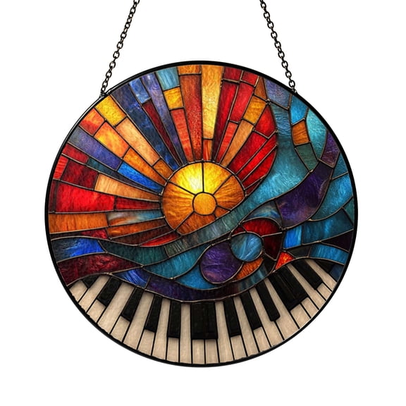 Stained Glass Piano Suncatcher Window Hanging, Musical Theme Sun Catcher for Living Room Decor