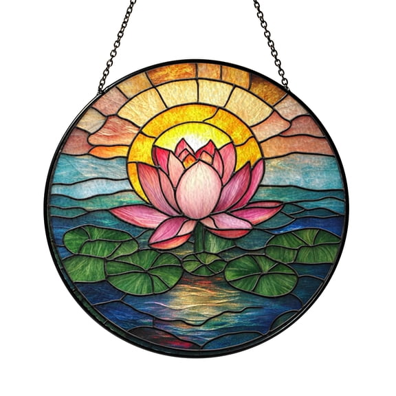 Stained Glass Pink Lotus Window Hanging Sunburst Floral Design Decorative Glass Suncatcher for Home Interior Window Accent