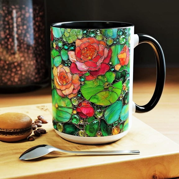 Stained Glass Pink Rose Mug: Elegant Floral Ceramic Cup, Garden Decor