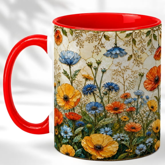 Stained Glass Poppy Coffee Mug, Wildflower Mug, Ceramic Cup