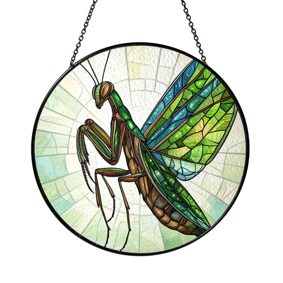 Stained Glass Praying Mantis Panel, Round Window Hanging Ornament, Colorful Insect Home Accent, Perfect Gift for Nature Enthusiasts