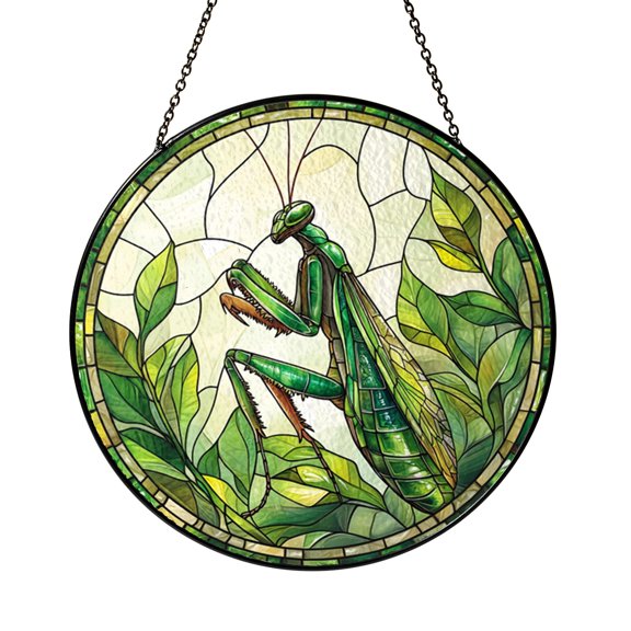 Stained Glass Praying Mantis Window Hanging Ornament, Botanical Green Leaf Design, Artistic Light Reflection Home Decor