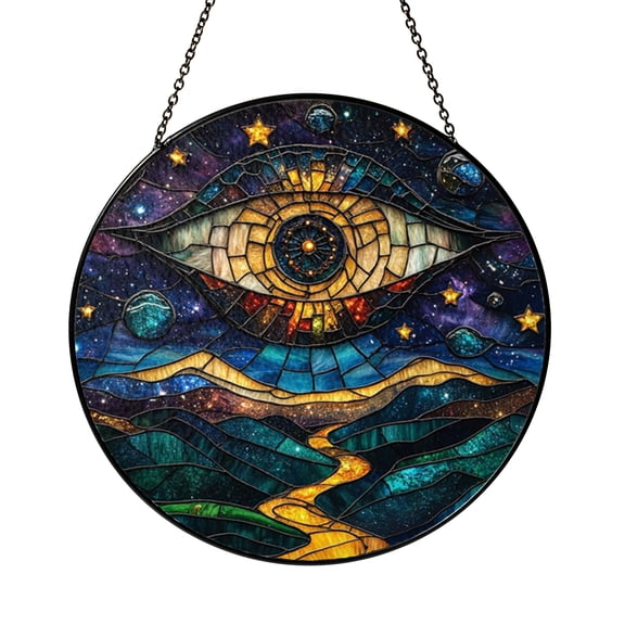 Stained Glass Psychedelic Suncatcher featuring All Seeing Eye and Celestial Symbols, Mystical Window Decor