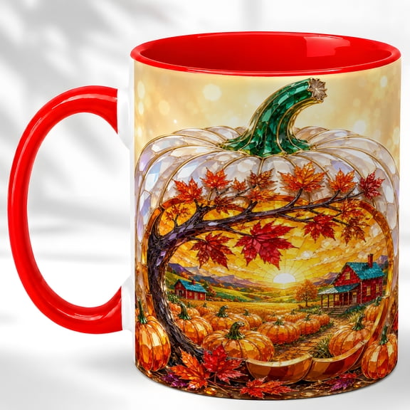 Stained Glass Pumpkin Coffee Mug, Autumn Farm Mug, Ceramic 11 oz