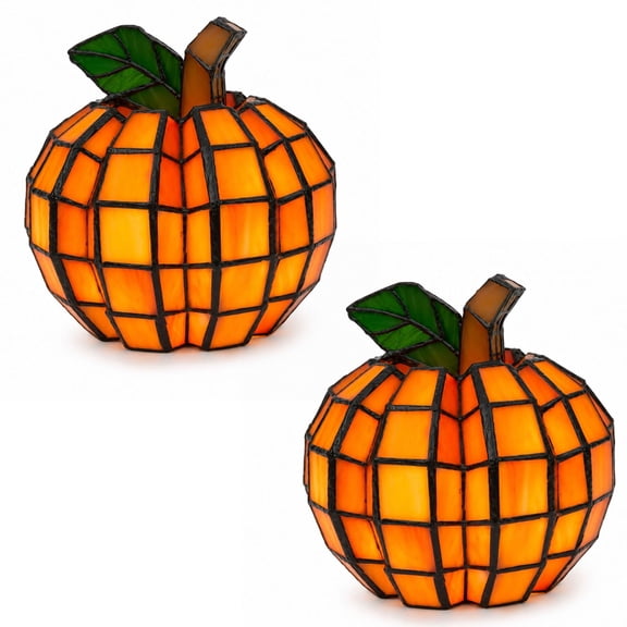 Stained Glass Pumpkin Lamp, Halloween Fall Tabletop Decor with Warm LED Glow, Decorative Pumpkin Light for Mantel, Shelf & Home Accent