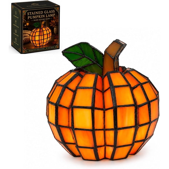Stained Glass Pumpkin Lamp, Warm Fall Halloween Table Decor (1Pcs)