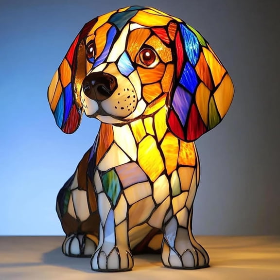 Stained Glass Puppy Night Light in Durable Resin, Rainbow Desk Decor for Bedrooms