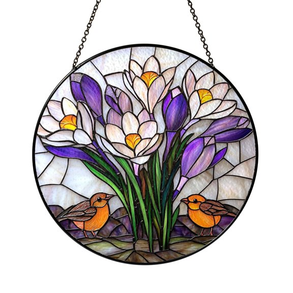 Stained Glass Purple Crocus and Robins Suncatcher, Round Window Hanging Ornament, Colorful Nature Home Decor, Unique Gift