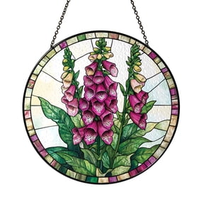 Stained Glass Purple Foxglove Suncatcher, Floral Window Hanging Decor, Round Botanical Glass Art Panel Ornament