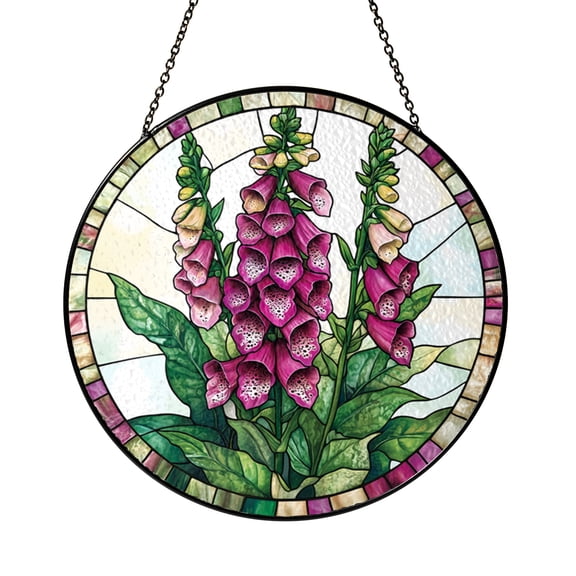 Stained Glass Purple Foxglove Suncatcher, Floral Window Hanging Decor, Round Botanical Glass Art Panel Ornament