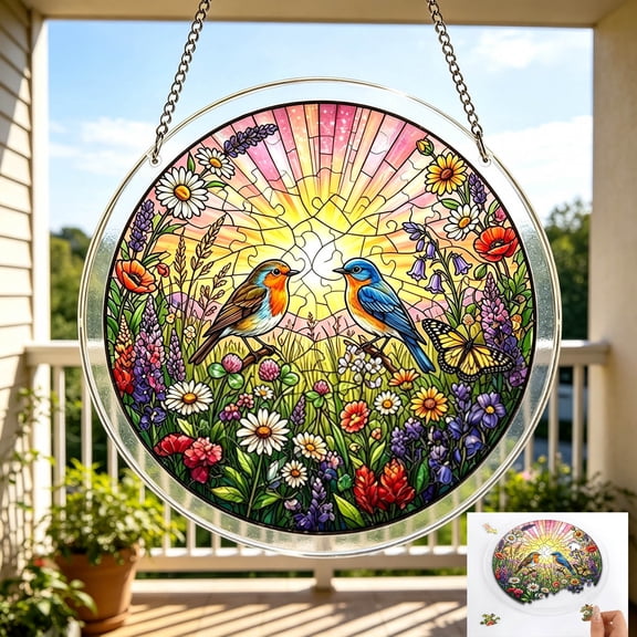 Stained Glass Puzzle Suncatcher 83 Piece Window Hanging Decor, Sunlight Reflection Display Stress Relief Activity, For Home Window Balcony Decor For Adults Puzzle Lovers