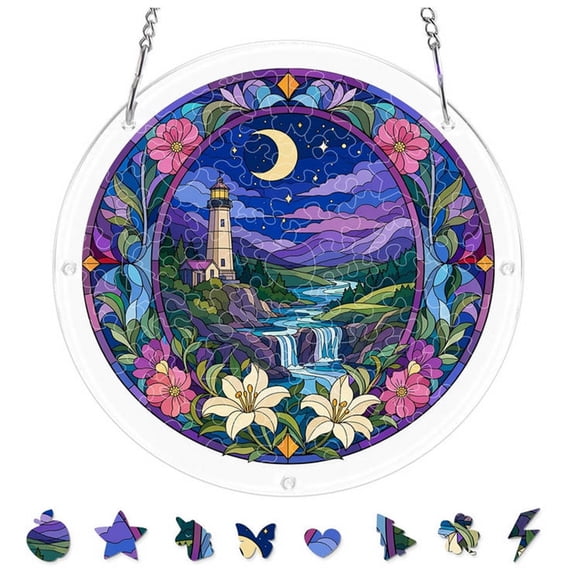 Stained Glass Puzzle Suncatcher, Moon Acrylic Window Hanging Puzzles, DIY Jigsaw Sun Catcher Craft for Indoor Outdoor Home Decor and Holiday Gifts, 7.9in
