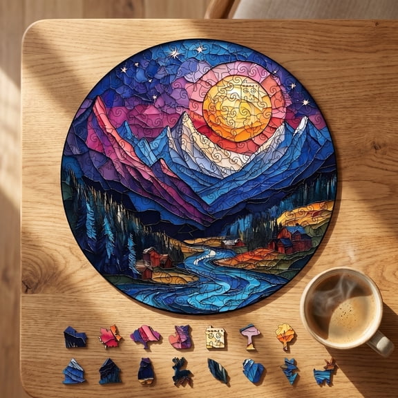 Stained Glass Puzzle, Wooden Jigsaw Puzzles for Adults, Circular Puzzle, Landscape Puzzle, Comes with Premium Wooden Packaging Box for Casual Indoor Leisure and Display