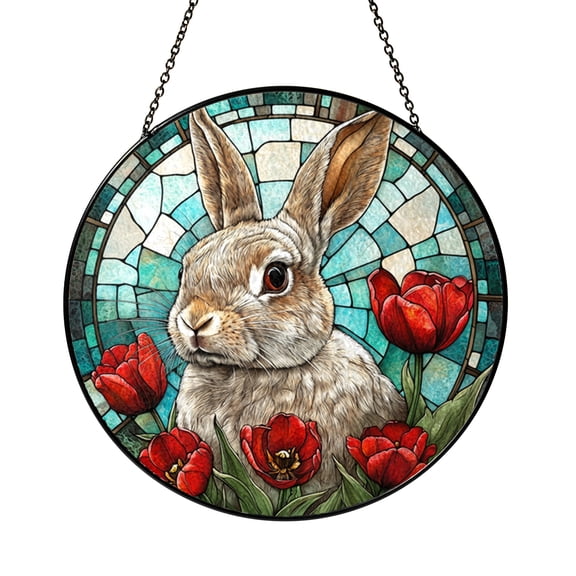 Stained Glass Rabbit Window Hanging, Bunny with Red Tulips, Vibrant Floral Background, Nature Inspired Home Accent, Unique Gift Idea