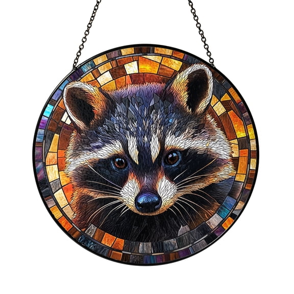 Stained Glass Raccoon Panel, Playful Animal Window Hanging, Unique Forest-Themed Decor and Gift for Animal Lovers