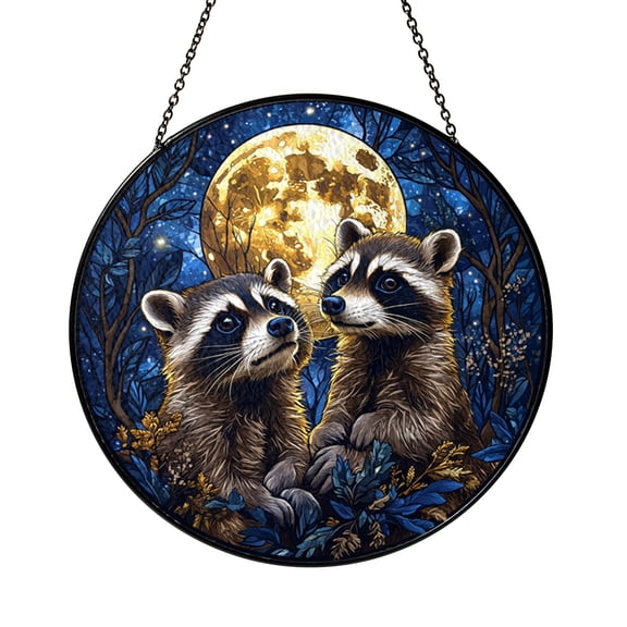 Stained Glass Raccoon Suncatcher, Moonlight Woodland Window Panel, Nature-Themed Home Décor Gift for Women Men Mom Birthday Housewarming