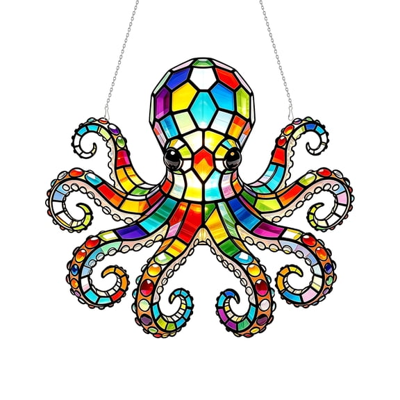 Stained Glass Rainbow Octopus Acrylic Suncatcher Hanging Decor