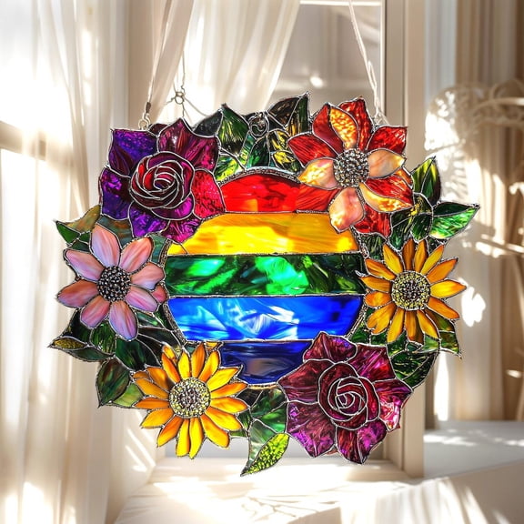 Stained Glass Rainbow Wreath Faux Stained Glass Acrylic Suncatcher - Colorful Flower Ring Window Hanging - LGBTQ Pride Home Decor Gift