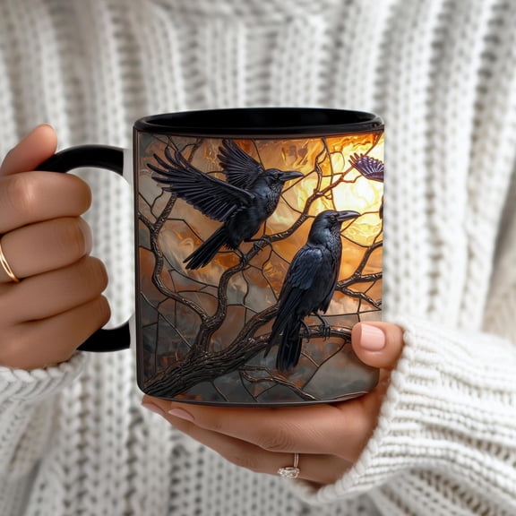 Stained Glass Raven Coffee Mug, Gothic Witchy Bird Art