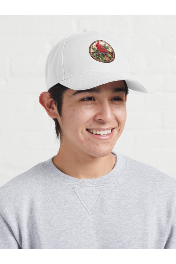 Stained Glass Red Bird Baseball Cap, Colorful Avian Window-Inspired Graphic Design, Classic Hat