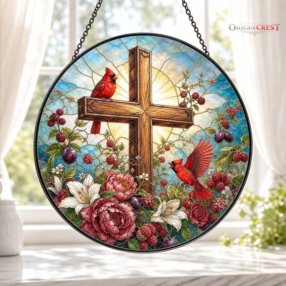 Stained Glass Red Cardinal Suncatcher with Christian Cross - Religious Window Hanging Decor, Jesus Christ Memorial Gift