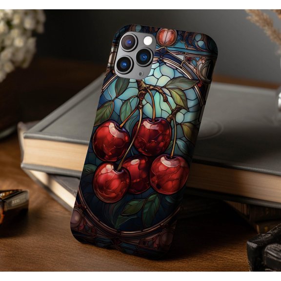 Stained Glass Red Cherry Tough Phone Case, Dual-Layer Protective Cover for iPhone