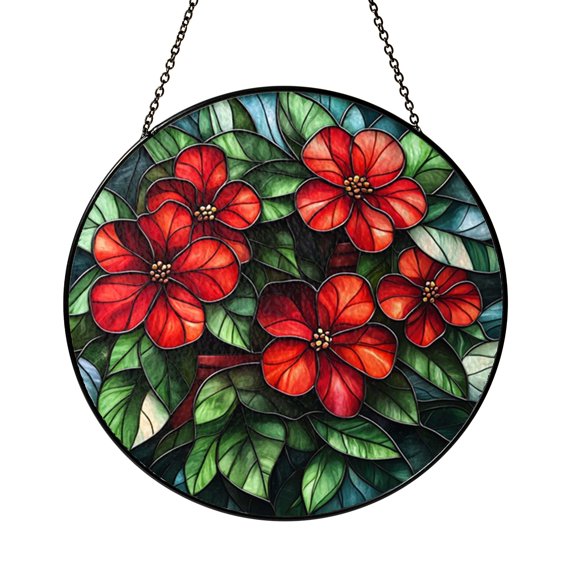 Stained Glass Red Geranium Window Decor, Cheerful Floral Nature Suncatcher for Cozy Living Spaces