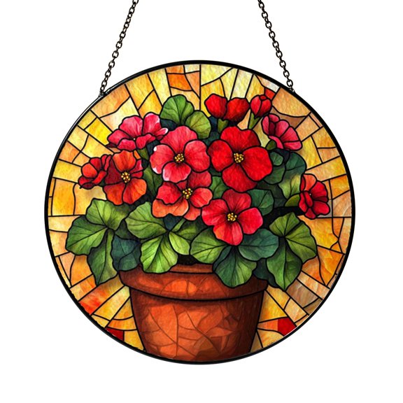 Stained Glass Red Geranium Window Decor, Cheerful Flower Suncatcher for Birthday and Housewarming Gifts