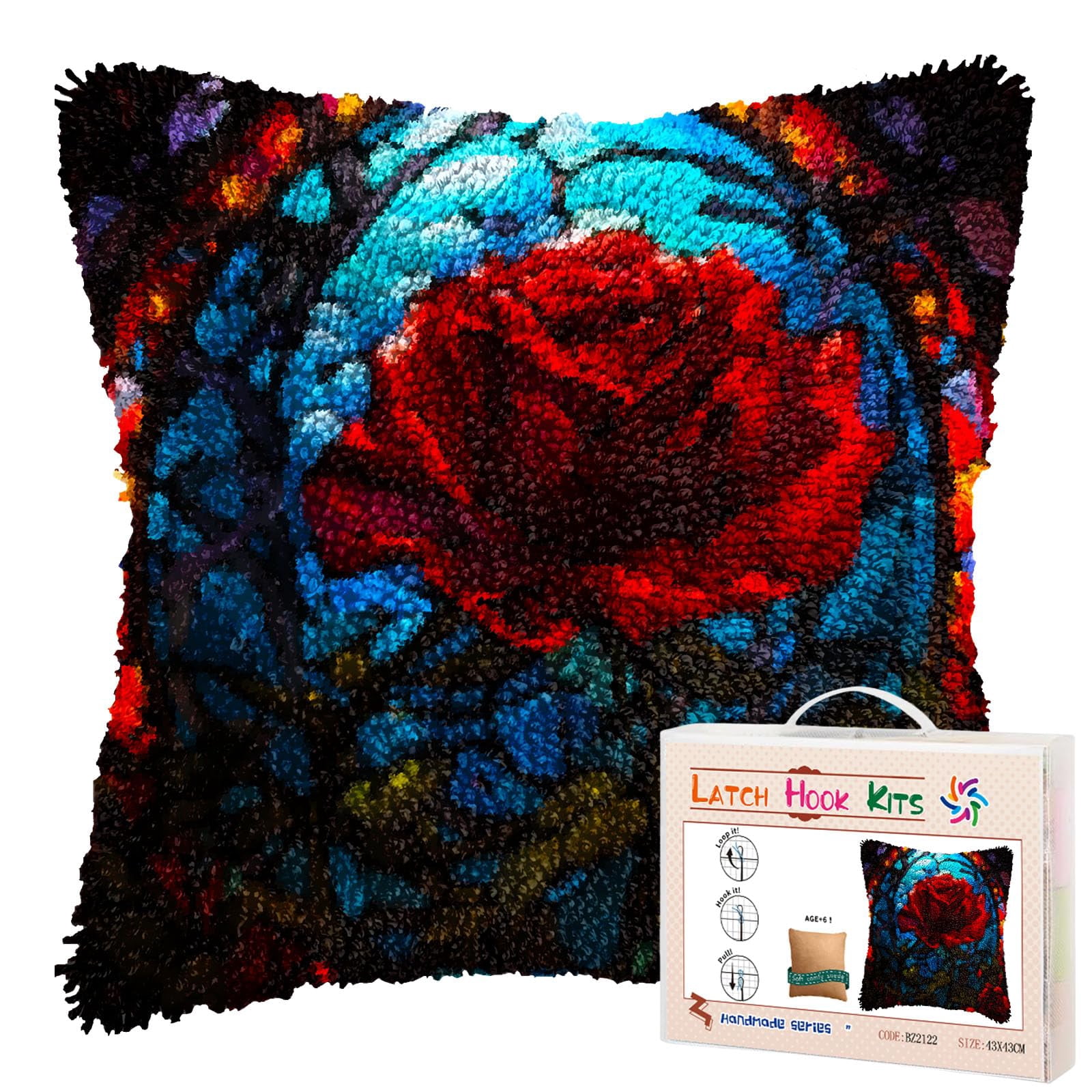 Stained Glass Red Rose DIY Latch Hook Pillow Kits for Adults Printed Pillowcase Crochet Yarns Hooking Handmade Pillow Cover Cushion for Home Sofa Decoration 17x17inch