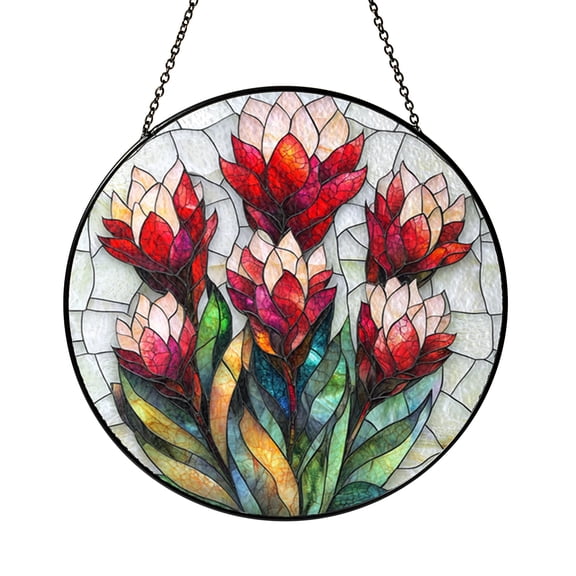 Stained Glass Red Tulip Round Suncatcher Window Hanging Art Panel for Home Decor Lovely Spring Display