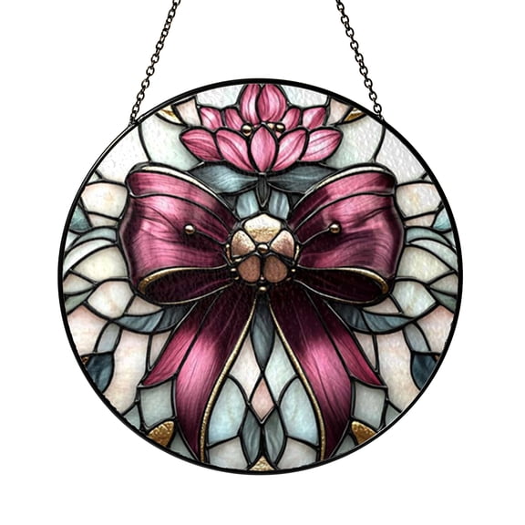Stained Glass Ribbon Bow Window Panel Decorative Glass Art Featuring Layered Bow Design for Home Interior Window Decor