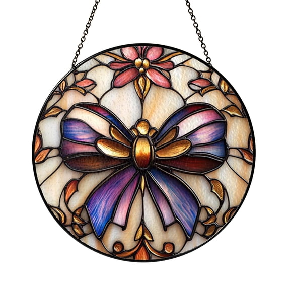 Stained Glass Ribbon Bow Window Panel Decorative Glass Art Featuring Layered Bow Design