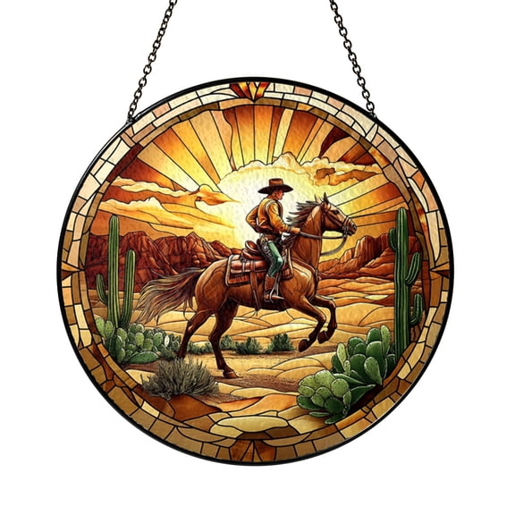 Stained Glass Riding Horse Window Hanging, Playful Western Scene, Whimsical Home Decor Accent