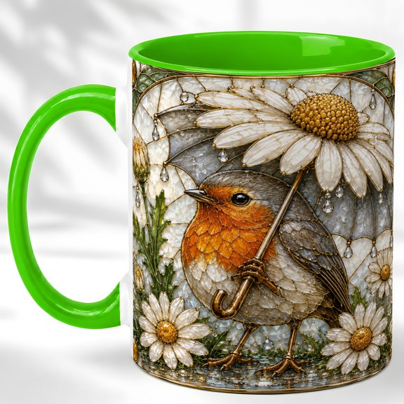 Stained Glass Robin Coffee Mug, Daisy Bird Mug, Ceramic 11 oz
