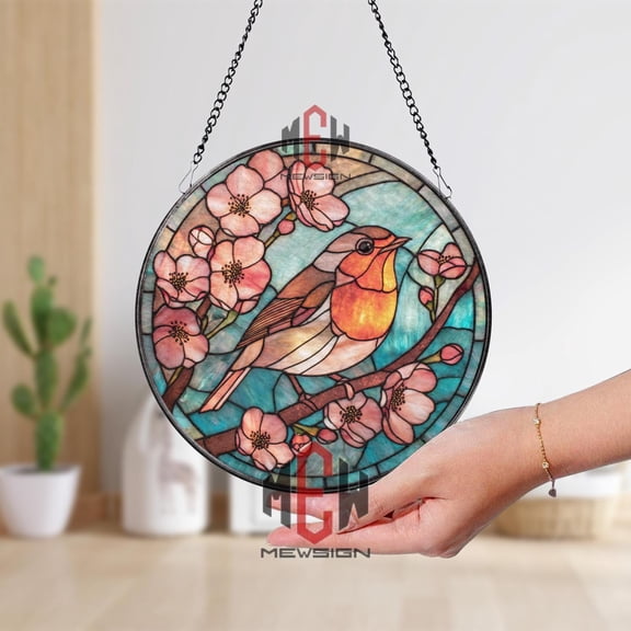 Stained Glass Robin Suncatcher, Bird Blossom Window Hanging, Spring Floral Glass Decor, Round Robin Ornament, Nature Lover Gift